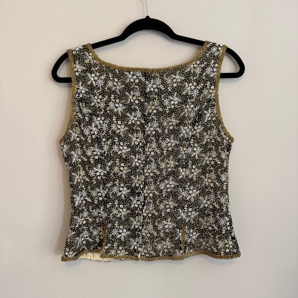 Vintage Adrianna Pappell Tank Top Womens 10 Gold Silk Floral Embroidered Beaded - Picture 2 of 7